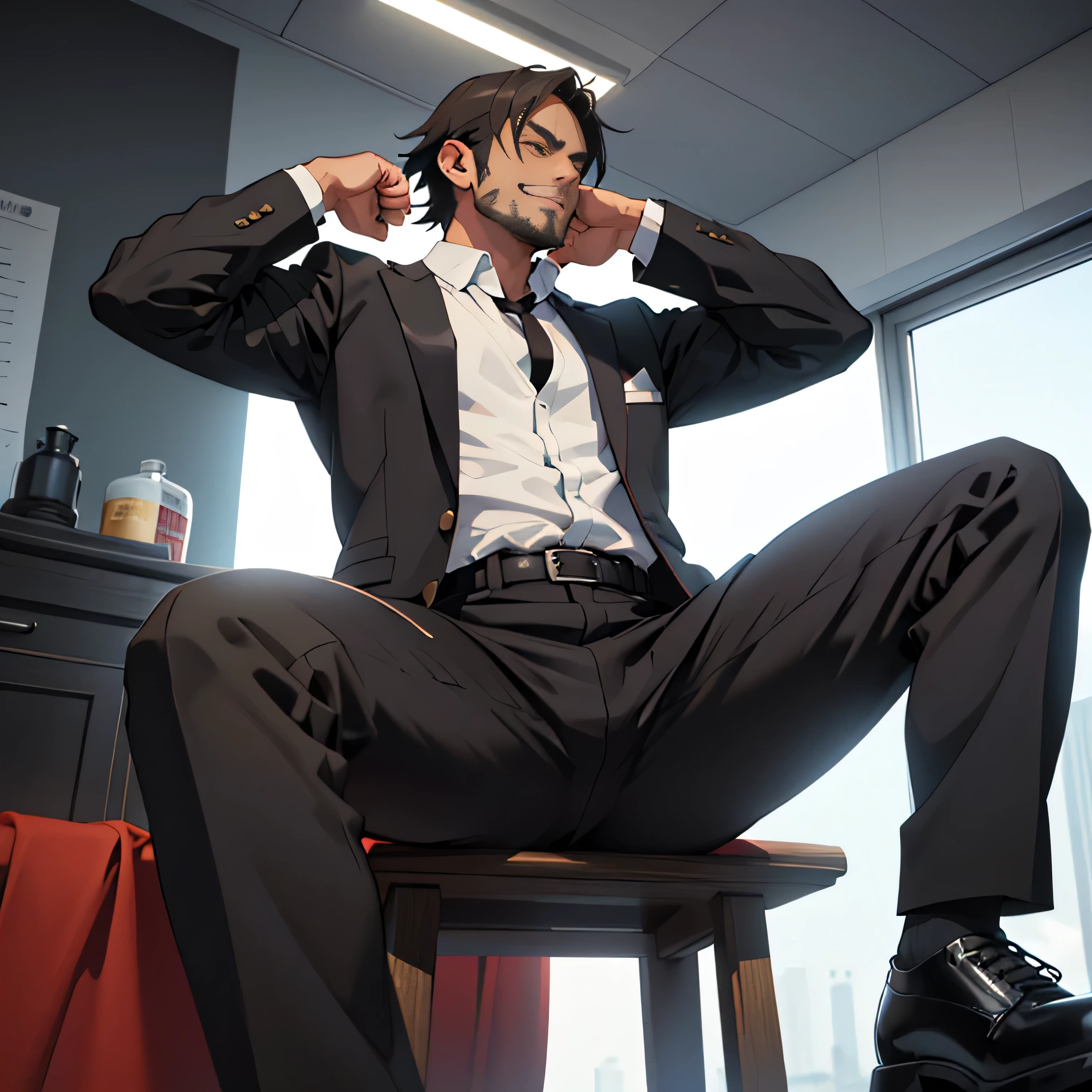 (absurderes, high resolution, ultra detaild), 1 45 year old man, the man is a CEO, He's muscular (huge chest), body builder ((perfect body)) , appealing ((face perfect, short beard)), sexly, sweaty, velues ((furry chest, hairy hands, haired legs, peito extremamente velues)), huge bulge, the CEO is wearing an expensive black suit ,dress shoes with black socks, black dress pants. He is sitting with his legs open on top of his desk in an office, smoking a cigarette. (White background, minimalist office)