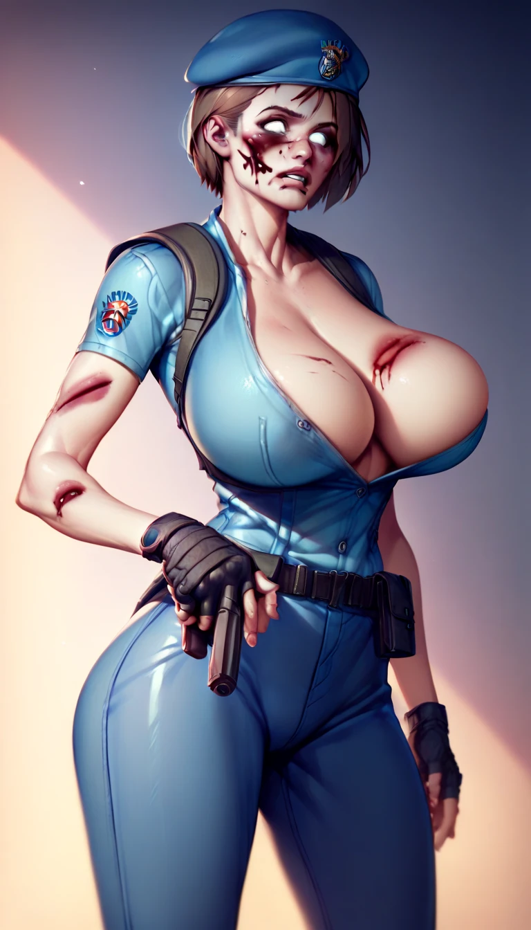 Jill valentine (((messy short brunette hair, grey skin, white eyes))) zPDXL flat color, huge breasts, overinflated breasts, Jill is wearing her resident evil 1 blue military uniform, jill is wearing a blue beret, jill is wearing blue pants, jill is wearing shoulder pads, jill’s shirt is unbuttoned revealing her breasts, jill has a bite mark on her arm, jill has a black and bruised eye, jill is a zombie, jill has blood coming from her mouth
