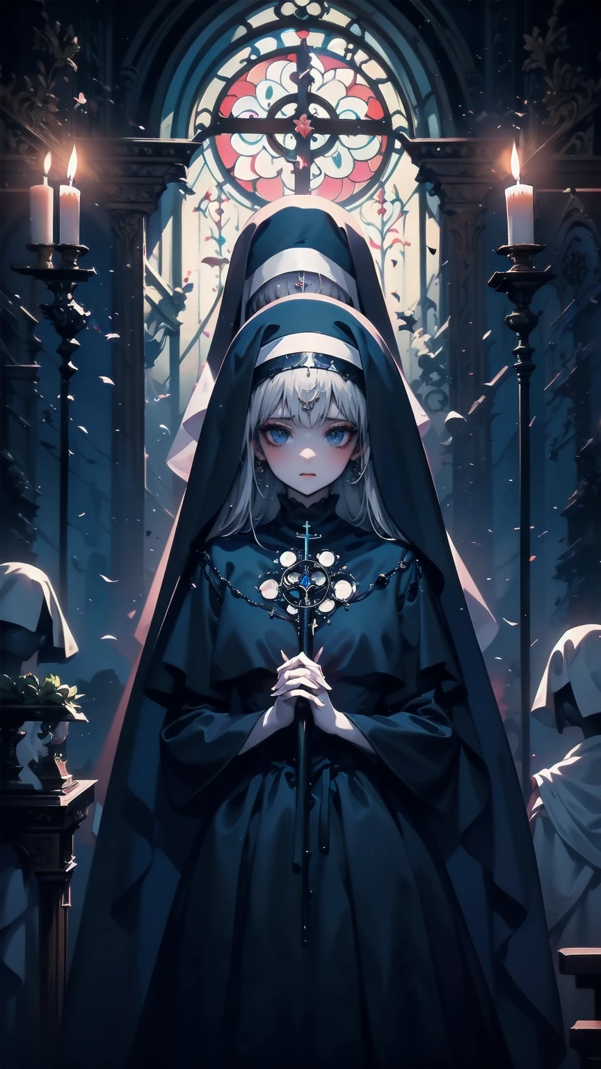 Illustration,  best quality,   1 girl,    Nun with Silver Hair and Bright Blue Eyes ,   Above Broken Walls   ,    Holding Hands and Praying   , solemn look  ,    Dark Church of Satanic Worship    ,Devil's statue ,    Dark Nun Without Stained Glass  ,   Candlelight only  ,   dark and gloomy atmosphere  ,  Despair and Helplessness  ,    gothic and eerie atmosphere   ,    Dark Nun Clothes Reflecting Shadows   