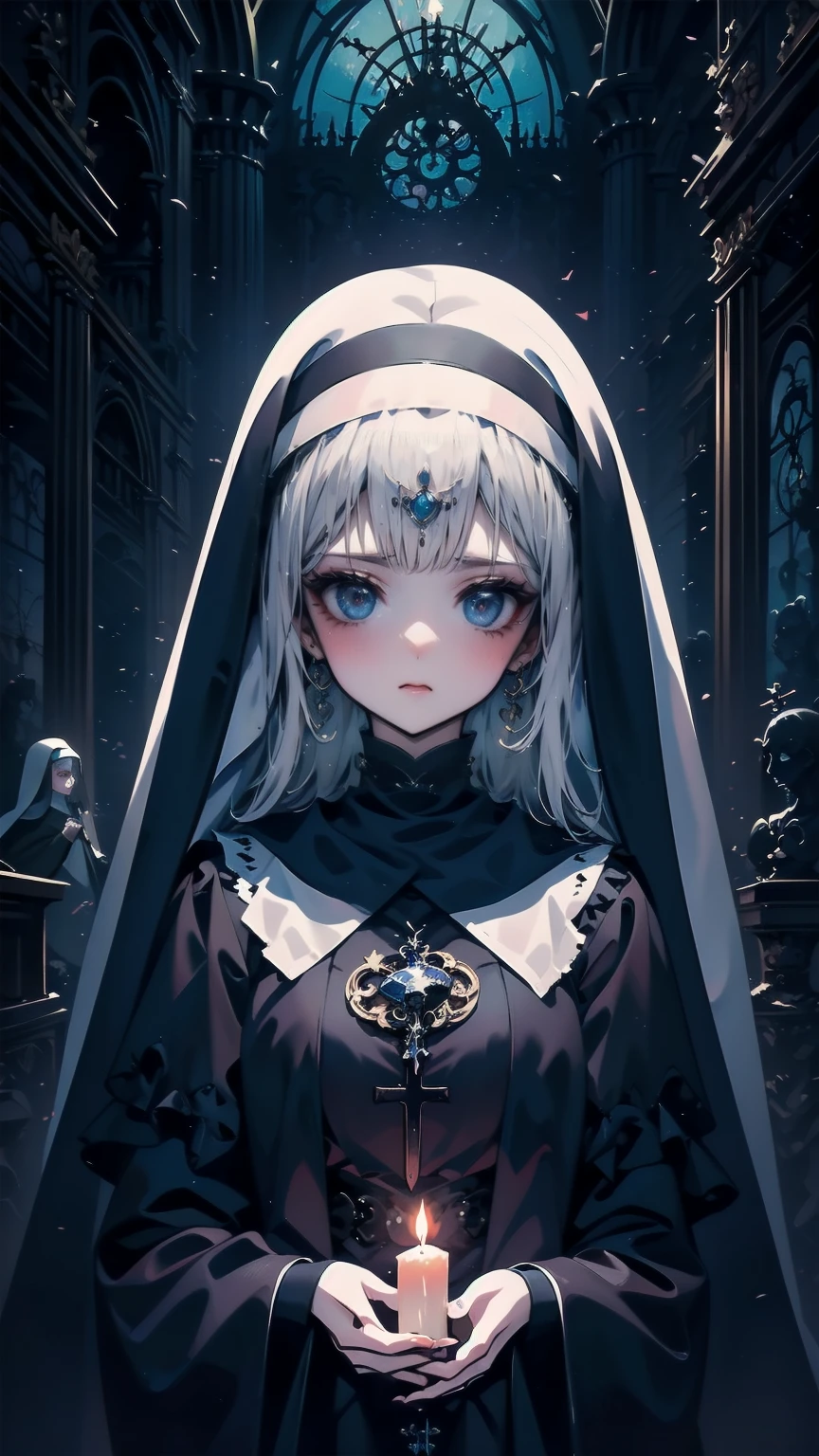 Illustration,  best quality,   1 girl,    Nun with Silver Hair and Bright Blue Eyes ,   Above Broken Walls   ,    Holding Hands and Praying   , solemn look  ,    Dark Church of Satanic Worship    ,Devil's statue ,    Dark Nun Without Stained Glass  ,   Candlelight only  ,   dark and gloomy atmosphere  ,  Despair and Helplessness  ,    gothic and eerie atmosphere   ,    Dark Nun Clothes Reflecting Shadows   