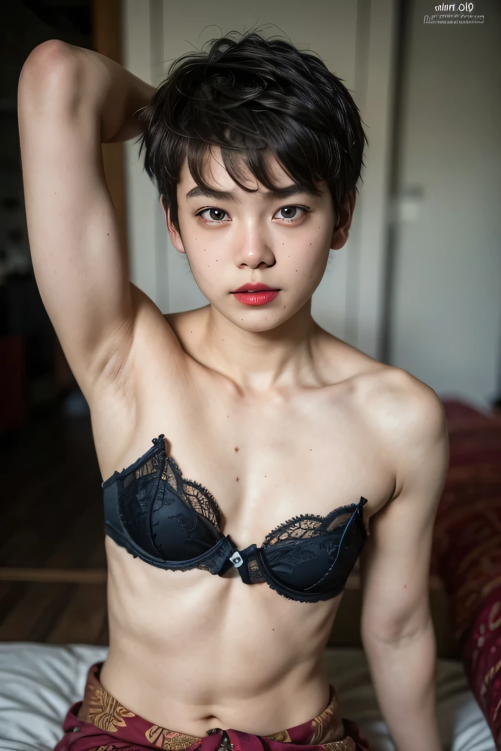 kecil Femboy berambut very  Shorthaircut bogel, half body portrait. Highly detailed quality, naked flat breasts. thick (nipples thick:0.050), kain batik sarong & strapless bra, (red lipstick), half naked body, (Arm Muscles:1.15)