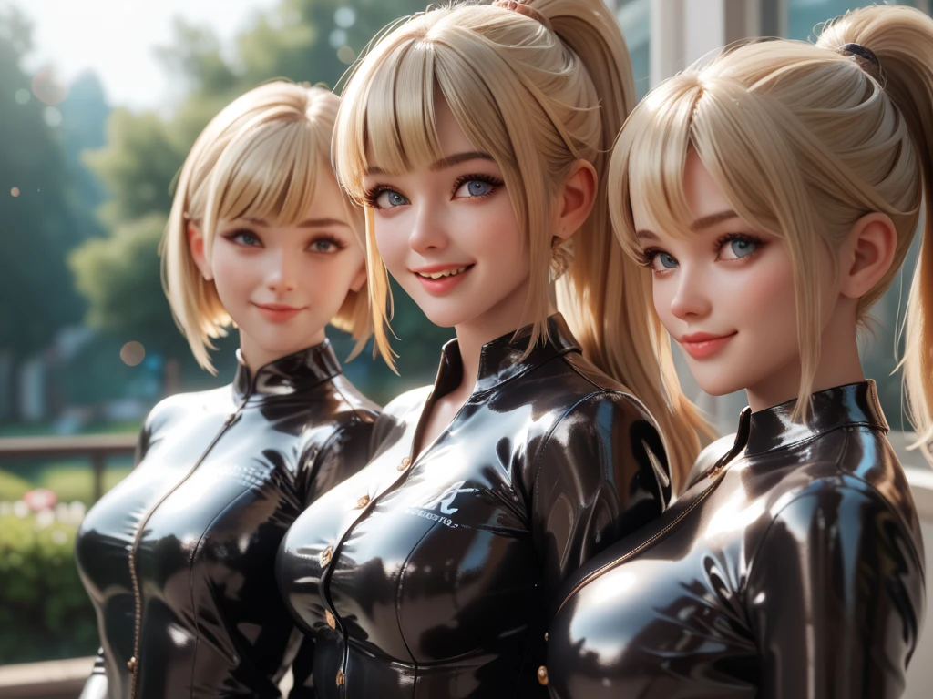 3 girls, In extremely tight shiny latex blazers, blonde hair,  ponytail, Bangs, smile, Lens reflection, Reflected light, Breasts, 