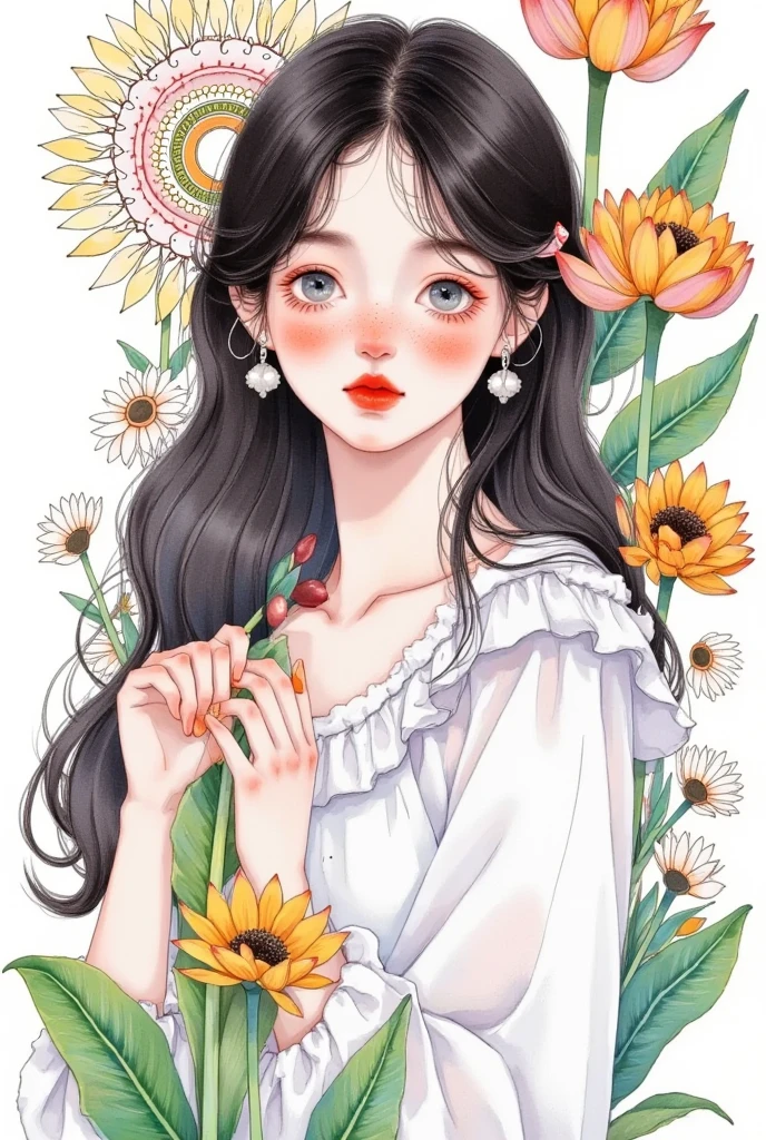 （ Detailed， high quality）Beautiful Portrait，Garden view，Art with coloring book page effect。The background should be completely white， Also, you can only see the outline of the object  。 The artwork should have a line art style ，Similar to coloring book。 It should have mandalas and natural decorations  。 The entire work should have a clean line art style，Similar to coloring book页面。