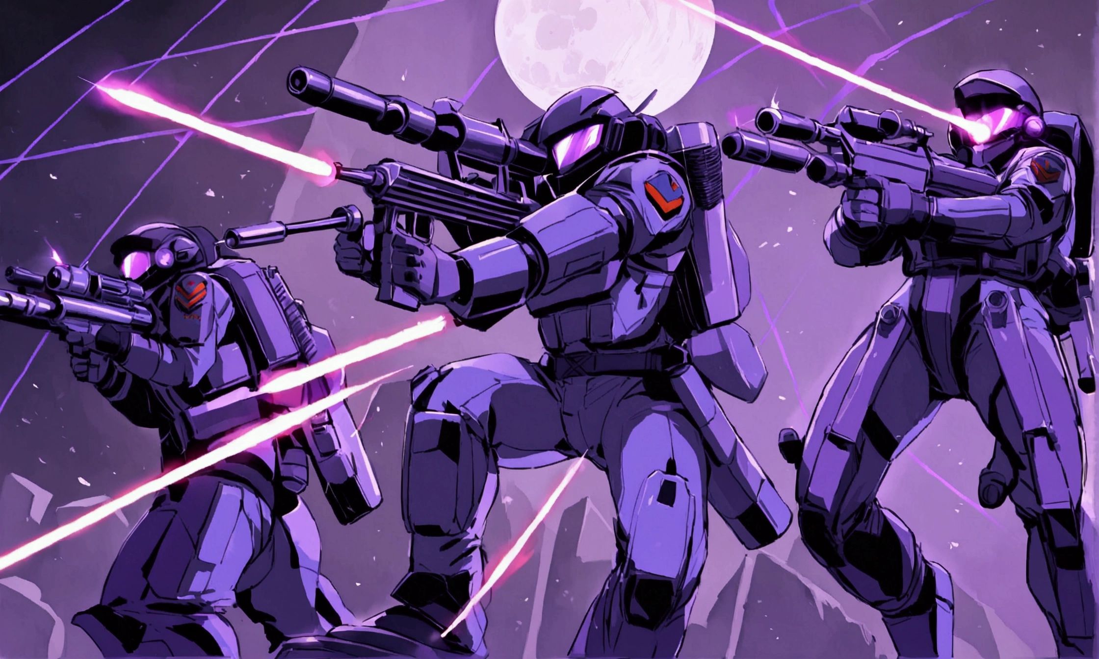 G.I. JOE Space Commandos (80s scifi space battle suits with rocket jet packs and using big guns) have a fire fight assaulting the COBRA moon base defended by evil agents (blue and purple color scheme, laser weapons, COBRA emblems), battle for the moon
