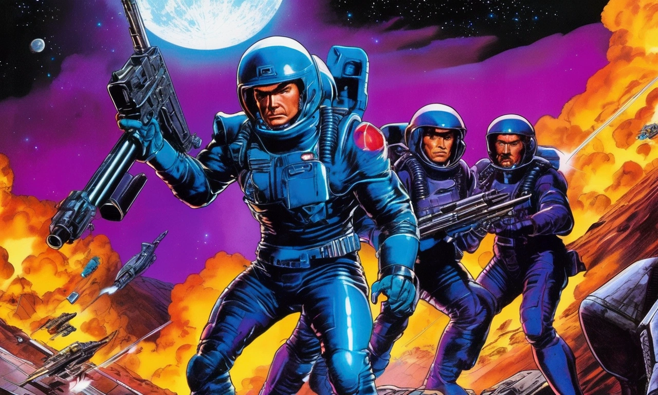 G.I. JOE Space Commandos (80s scifi space battle suits with rocket jet packs and using big guns) have a fire fight assaulting the COBRA moon base defended by evil agents (blue and purple color scheme, laser weapons, COBRA emblems), battle for the moon