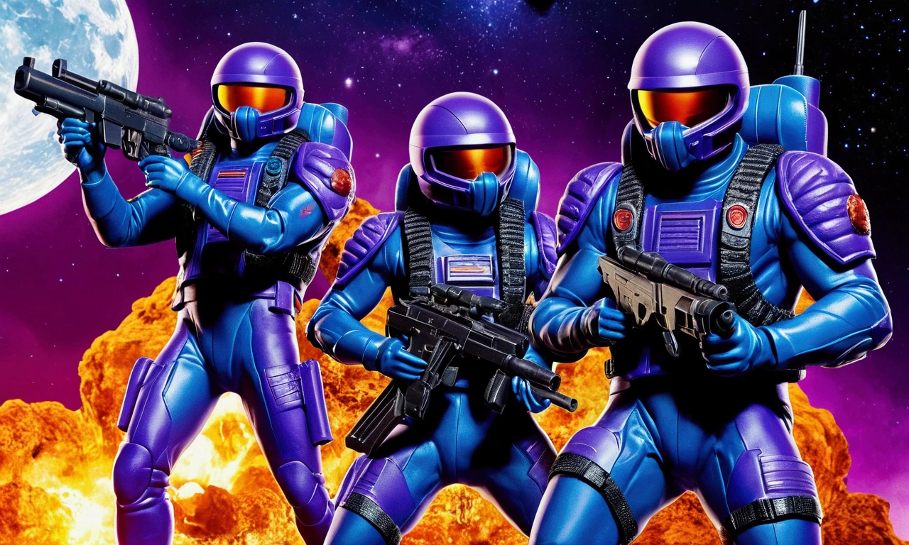 G.I. JOE Space Commandos (80s scifi space battle suits with rocket jet packs and using big guns) have a fire fight assaulting the COBRA moon base defended by evil agents (blue and purple color scheme, laser weapons, COBRA emblems), battle for the moon