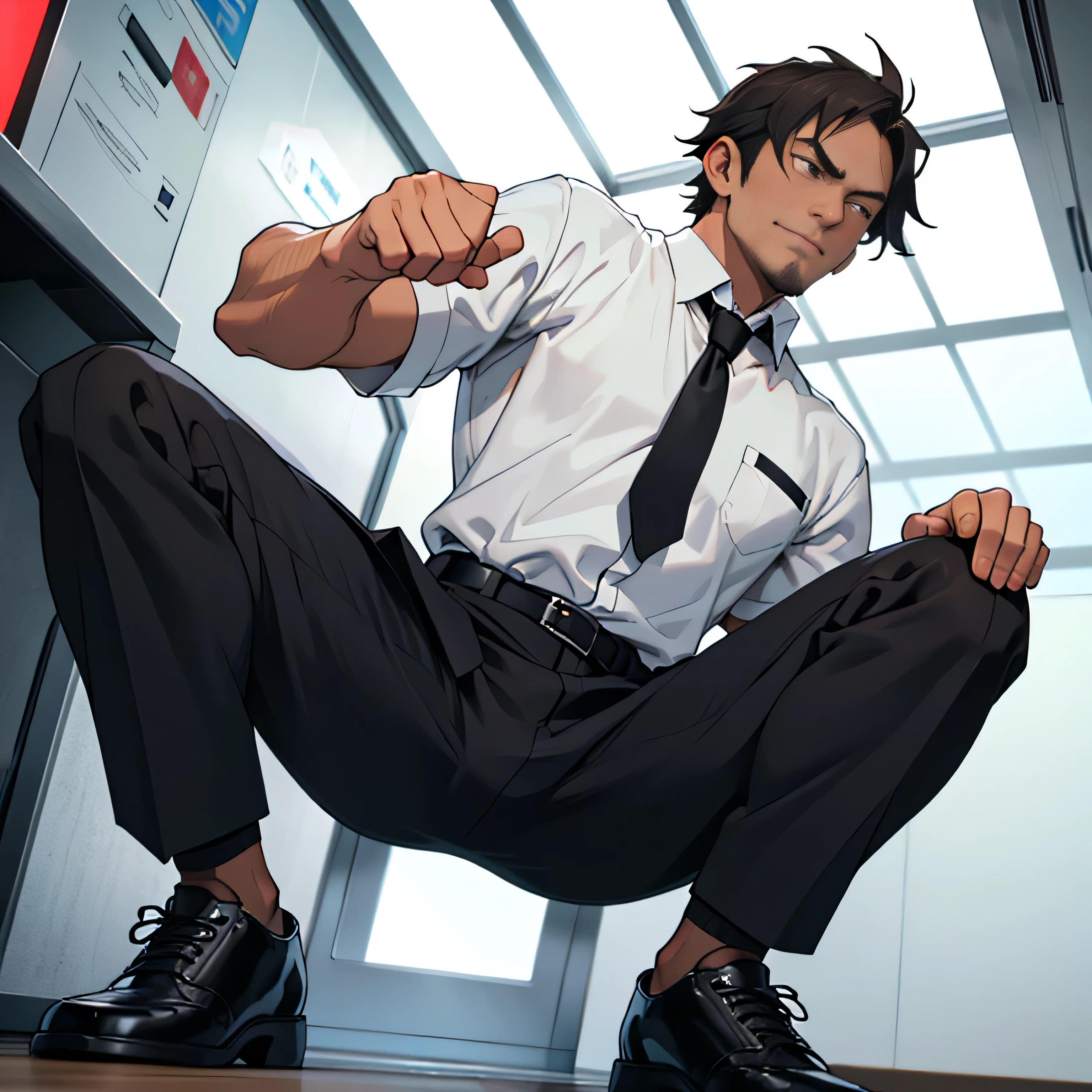 20 years old,,Simple white shirt、black tie,  black slim pants 、Cool fighting pose ,Spread your legs wider,black belt,Black socks,Black leather shoes,logic, Gay ,Brown Hair, Shorthair, thick eyebrows,Stubble, Lightly Set Your Hair with Wax , Hachiman Hachiman,Masculine,salaryman,Mob characters,Bad Actor , The crotch part of the pants is bulging, Erotic 3D Finish , 　View from below　The villain's smile　 face up 　　