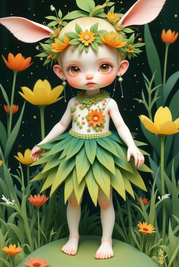  a charming humanoid plant creature，bloom，upright，The whole is green， a flower-like structure growing around the head， the head is decorated with leaf-like extensions，shaped like a headband， its lower part is a skirt-like structure.，It resembles a flower petal， the color ranges from light green to dark green， it has long and slender arms， the end is a leaf shape， instead of a hand， a pair of oval, crimson eyes that are full of expression， adds a charming vibe，Ultra high saturation，Bright colors，Bright， Light and Dark Contrast,  cinematic lighting , Film Grain,  Surrealism ,  Carl Larson , Contemporary Art,  Ultra HD, masterpiece, precise,  anatomically correct,  textured skin ,  superdetail,  height detail , Awards,  is of the best quality, 8K