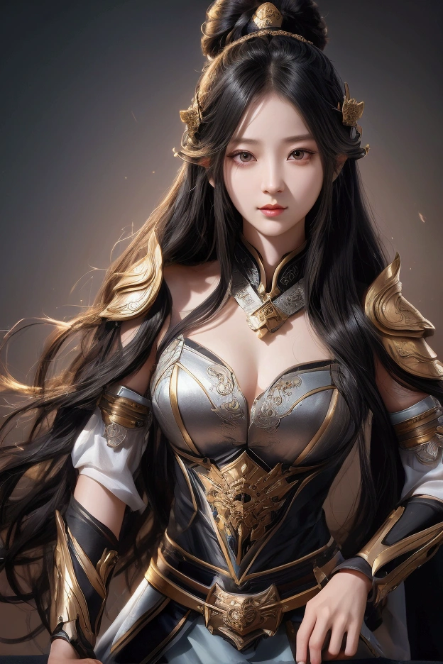 one young female, wearing chinese armor, long wavy hair, black hair, black eyes, dilated pupils, light makeup, kind expression, three kingdoms period, petite, delicate, beautiful, nime, cinematic lighting, upper body shot, UHD, retina, masterpiece, accurate, anatomically correct, textured skin, super detail, high details, high quality, award winning, best quality, high resolution