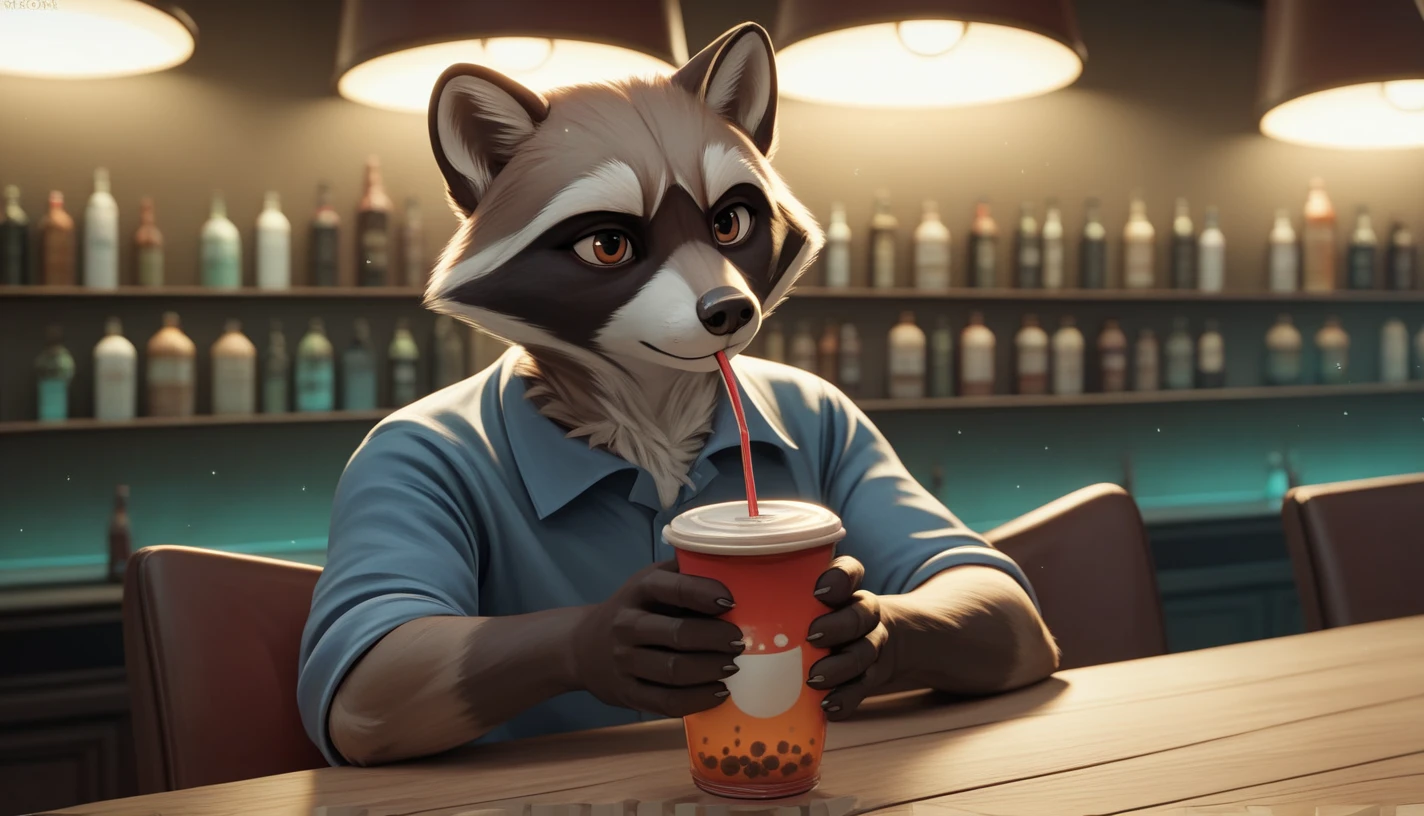 solo male, raccoon, furry, black and gray fur, brown  eyes. dynamic lighting, illustration, beautiful, particles (high quality,4k,8k,highres,masterpiece:1.2), ultra-detailed, impressionistic:colorful, drinking tea with marshmallows. Соло, Соло, цветное фото .behind the bar
