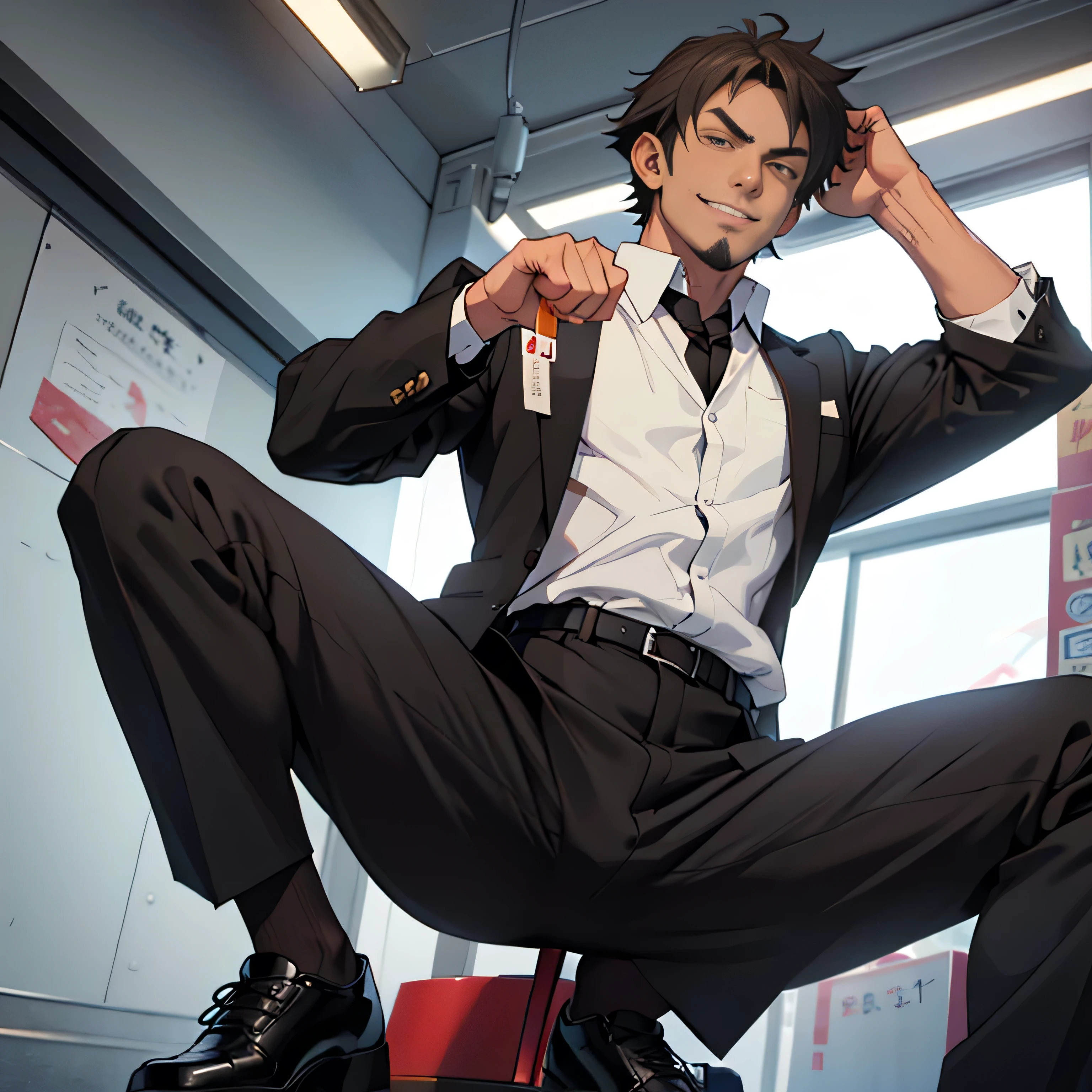 20 years old,,Simple white shirt、black tie,  black slim pants 、Cool fighting pose ,Spread your legs wider,black belt,Black socks,Black leather shoes,logic, Gay ,Brown Hair, Shorthair, thick eyebrows,Stubble, Lightly Set Your Hair with Wax , Hachiman Hachiman,Masculine,salaryman,Mob characters,Bad Actor , The crotch part of the pants is bulging, Erotic 3D Finish , 　View from below　The villain's smile　 face up 　　