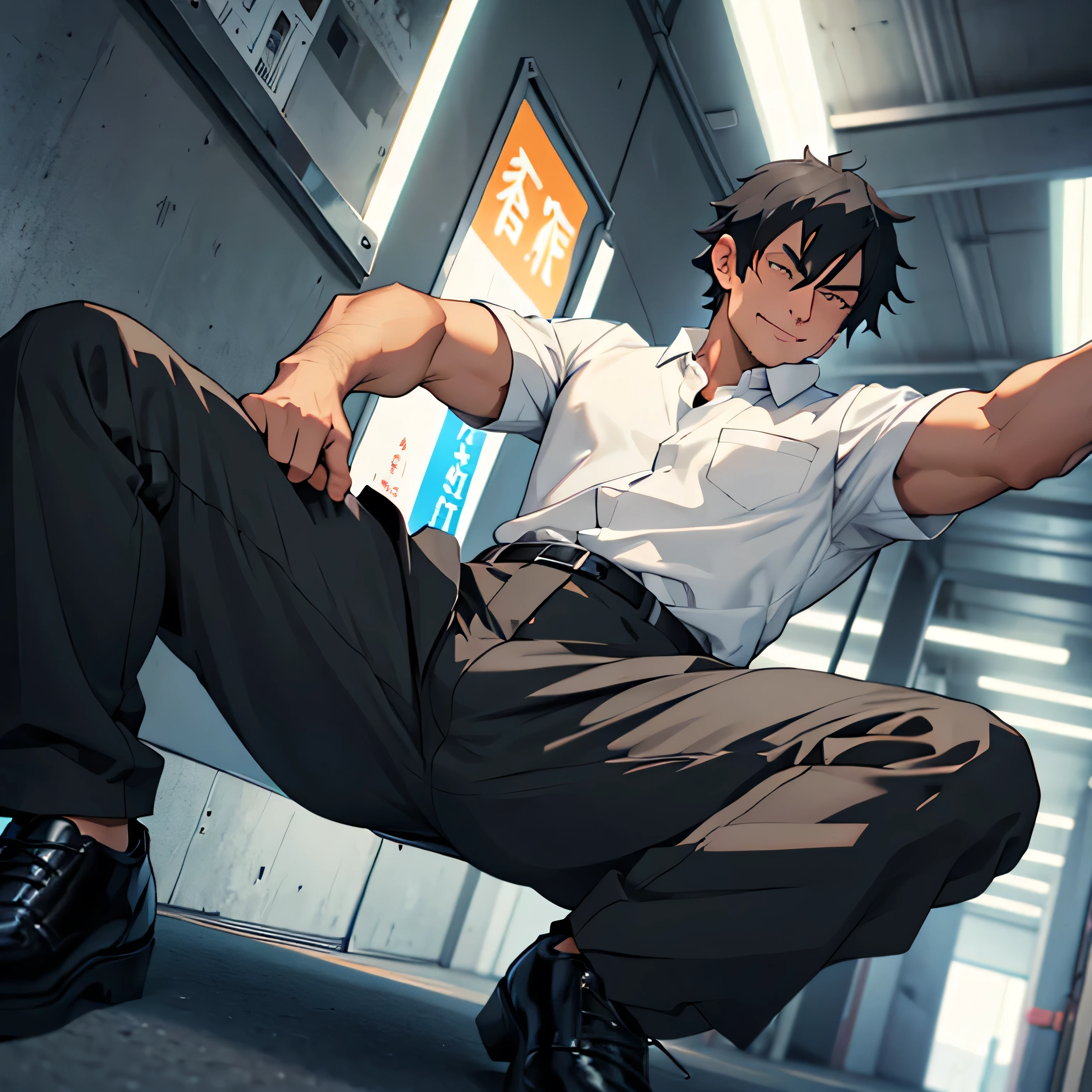 20 years old,,Simple white shirt、black tie,  black slim pants 、Cool fighting pose ,Spread your legs wider,black belt,Black socks,Black leather shoes,logic, Gay , black hair, Shorthair, thick eyebrows,Stubble, Lightly Set Your Hair with Wax , Hachiman Hachiman,Masculine,salaryman,Mob characters,Bad Actor , The crotch part of the pants is bulging, Erotic 3D Finish , 　View from below　The villain's smile　 face up 　　