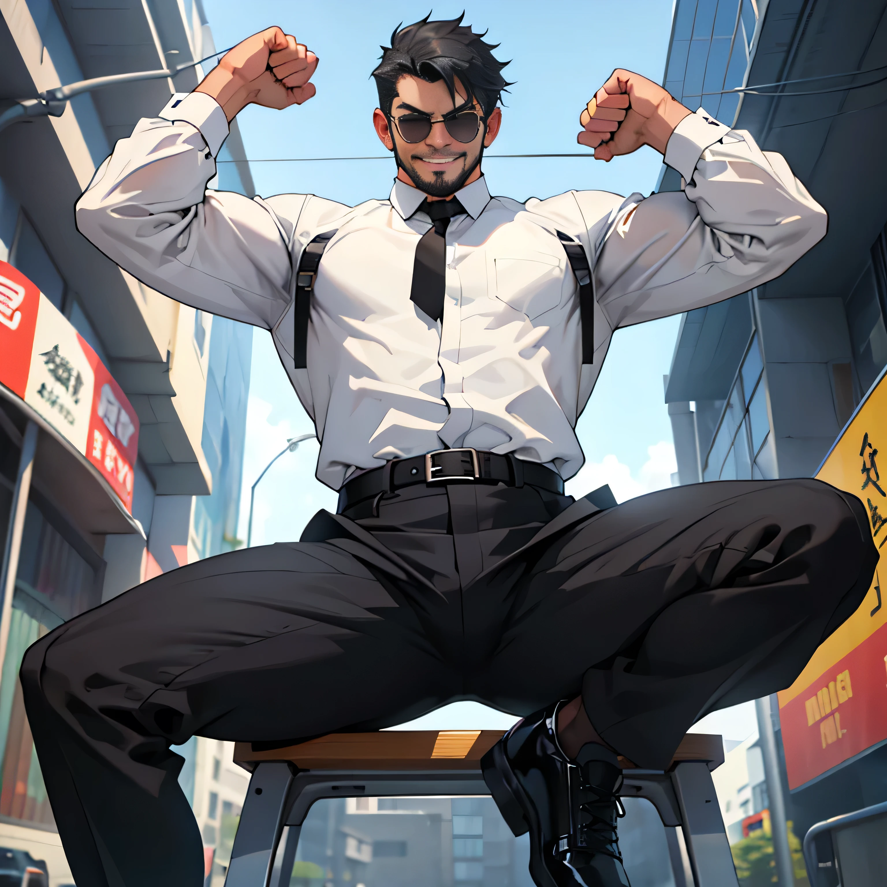 20 years old,,Simple white shirt、black tie,  black slim pants 、Cool fighting pose ,Spread your legs wider,black belt,Black socks,Black leather shoes,logic, Gay , black hair, Shorthair, thick eyebrows,Stubble, Lightly Set Your Hair with Wax ,,Masculine,salaryman,Mob characters,Bad Actor , The crotch part of the pants is bulging, Erotic 3D Finish , 　View from below　The villain's smile　 face up 　　 black sunglasses that don't depict me
