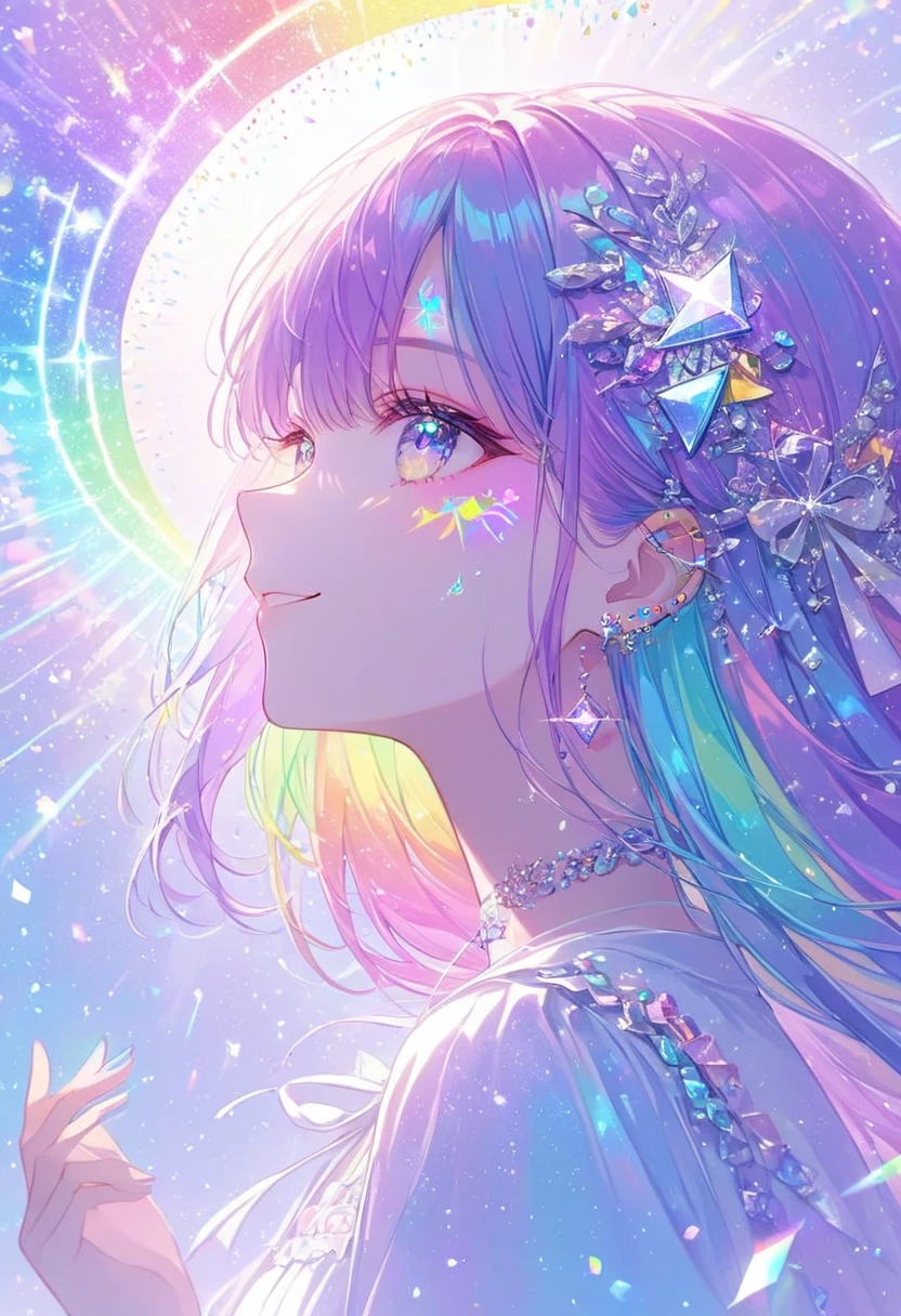   smile ,  WOMAN PROFILE  ,  face close-up , face tattoo,rainbow,rainbow色  ,eye,  digital tattoo  ,Shining Rune, glitter ,Neon Rainbow,   rainbow hair , pastel colors,  long hair,  Barrette Masterpiece   , best quality,Exquisite,8k,  absurd,  Extremely Detailed Illustrations ,(Being watched by the audience)