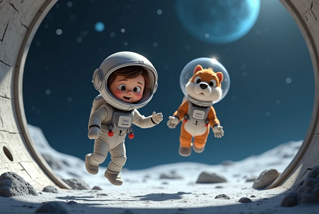 3D animation, theme is "Moon Base", a boy and his dog are walking around the dome of the moon base wearing space suits and helmets, the dog is also wearing a space suit and a transparent spherical helmet, they are floating above the ground, the dark moon surface and the vast universe can be seen in the background, comical scenes, heartwarming scenes, 8K quality