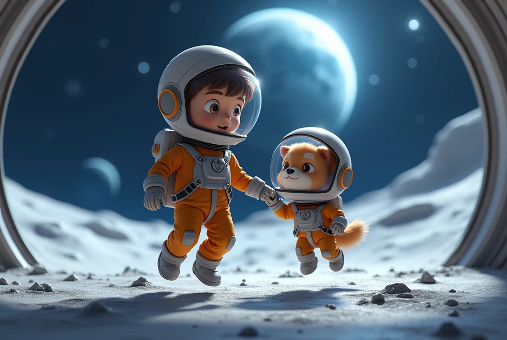 3D animation, theme is "Moon Base", a boy and his dog are walking around the dome of the moon base wearing space suits and helmets, the dog is also wearing a space suit and a transparent spherical helmet, they are floating above the ground, the dark moon surface and the vast universe can be seen in the background, comical scenes, heartwarming scenes, 8K quality