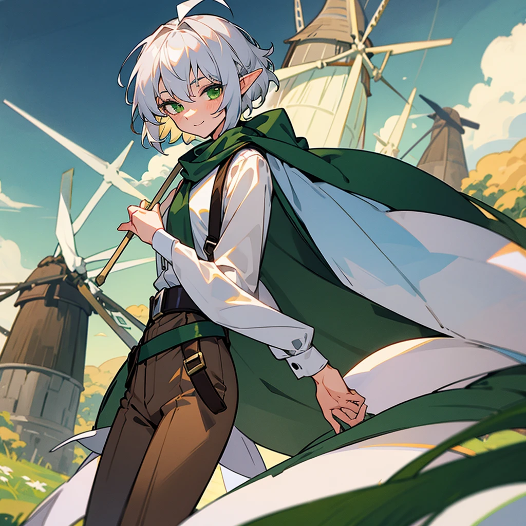 elf,  silver hair,short hair, medium cut, ahoge, curly hair, green eyes,slender, fair skin, cross-dressing, cool mild Smile, shirt, white far coat, brown pants, green scarf,  belt, suspender, waist bag, annoyance, fantasy, windmill