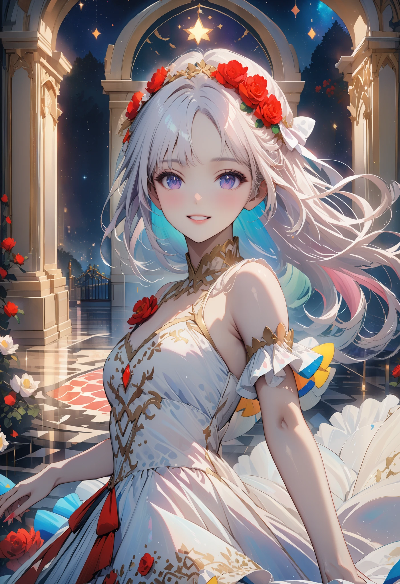  Snow White Girl , smiles,  white hair, White eyes, white skin, white dress,  Red rose in her hair, beautiful, bow on the arm ,  sexy, bright colors, fluffy dress, complex dress,  Background Marble Floor , patterns, magic, moonlight, Night, stars, Beauty,  Stardust Twinkles , 8 k,  Complex Details ,  lots of details, masterpiece, bright colors, ( best quality : 1.3), 