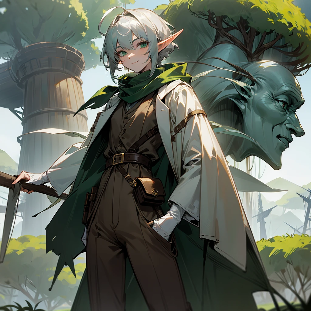 elf,  silver hair,short hair, medium cut, ahoge, curly hair, green eyes,slender, fair skin, cross-dressing, cool mild Smile, shirt, white far coat, brown pants, green scarf,  belt, suspender, waist bag, annoyance, fantasy, windmill