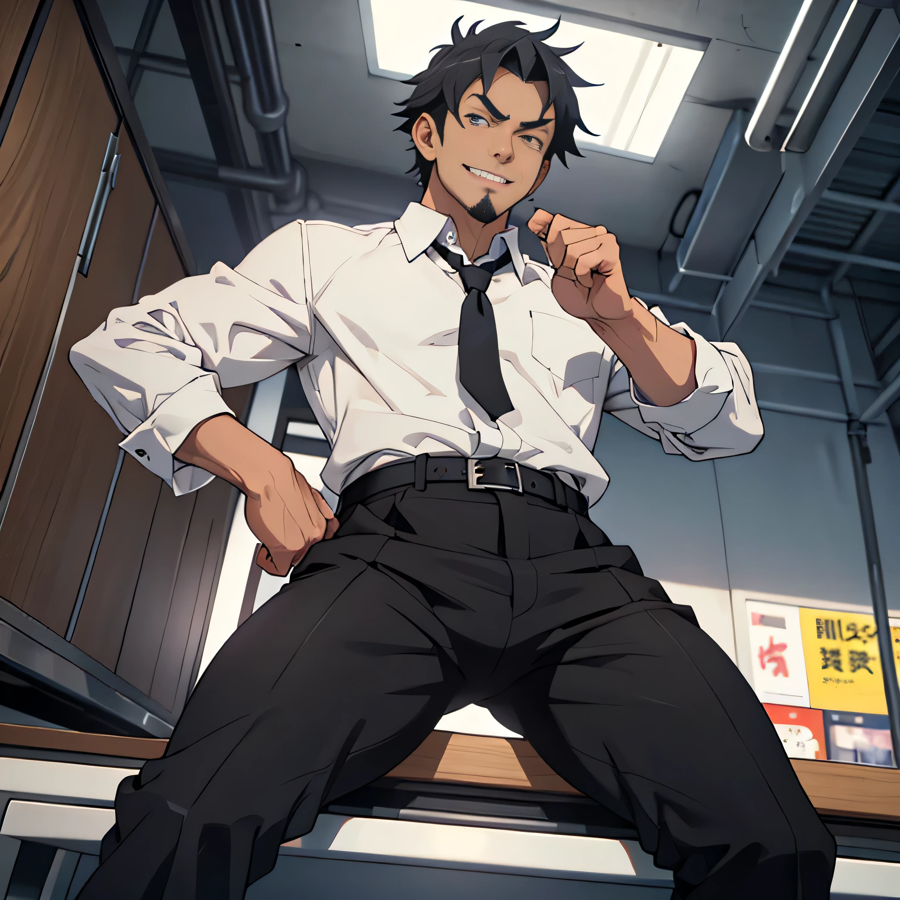 20 years old,,Simple white shirt、black tie,  black slim pants 、Cool fighting pose ,Spread your legs wider,black belt,Black socks,Black leather shoes,logic, Gay , black hair, Shorthair, thick eyebrows,Stubble, Lightly Set Your Hair with Wax , Hachiman Hachiman,Masculine,salaryman,Mob characters,Bad Actor , The crotch part of the pants is bulging, Erotic 3D Finish , 　View from below　The villain's smile　 face up 　　