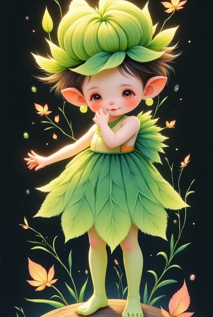  a charming humanoid plant creature，bloom，upright，The whole is green， a flower-like structure growing around the head， the head is decorated with leaf-like extensions，shaped like a headband， its lower part is a skirt-like structure.，It resembles a flower petal， the color ranges from light green to dark green， it has long and slender arms， the end is a leaf shape， instead of a hand， a pair of oval, crimson eyes that are full of expression， adds a charming vibe，Ultra high saturation，Bright colors，Bright， Light and Dark Contrast,  cinematic lighting , Film Grain,  Surrealism ,  Carl Larson , Contemporary Art,  Ultra HD, masterpiece, precise,  anatomically correct,  textured skin ,  superdetail,  height detail , Awards,  is of the best quality, 8K