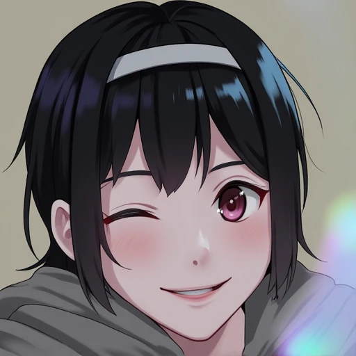 Solo, Black Hair, Smile, Simple background, Hairband, Lens Flare, High Resolution, 