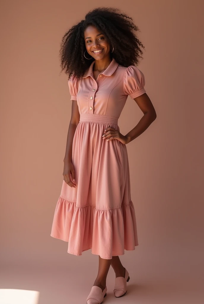 mulher negra 30 anos acima do peso usando camisa rosa olhando para camera, brasileira, pobre, foto com fundo rosa, camiseta rosa, foto premiada