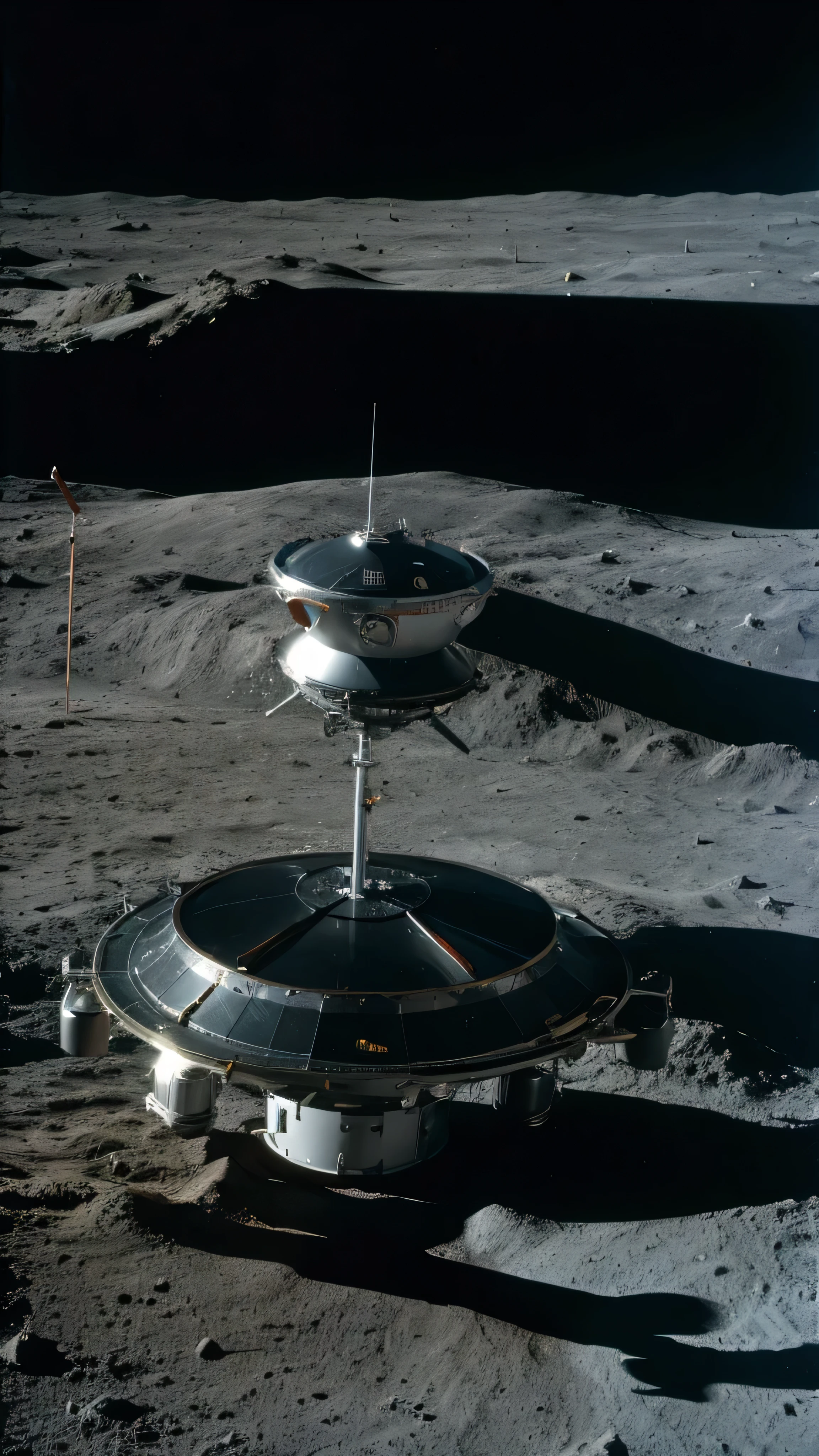 With high definition images， Mysterious Saucer UFO scene 、Detailed image of the lunar base 、Moon Base（Moon Base） The interceptor is transmitting and flying over the moon base。