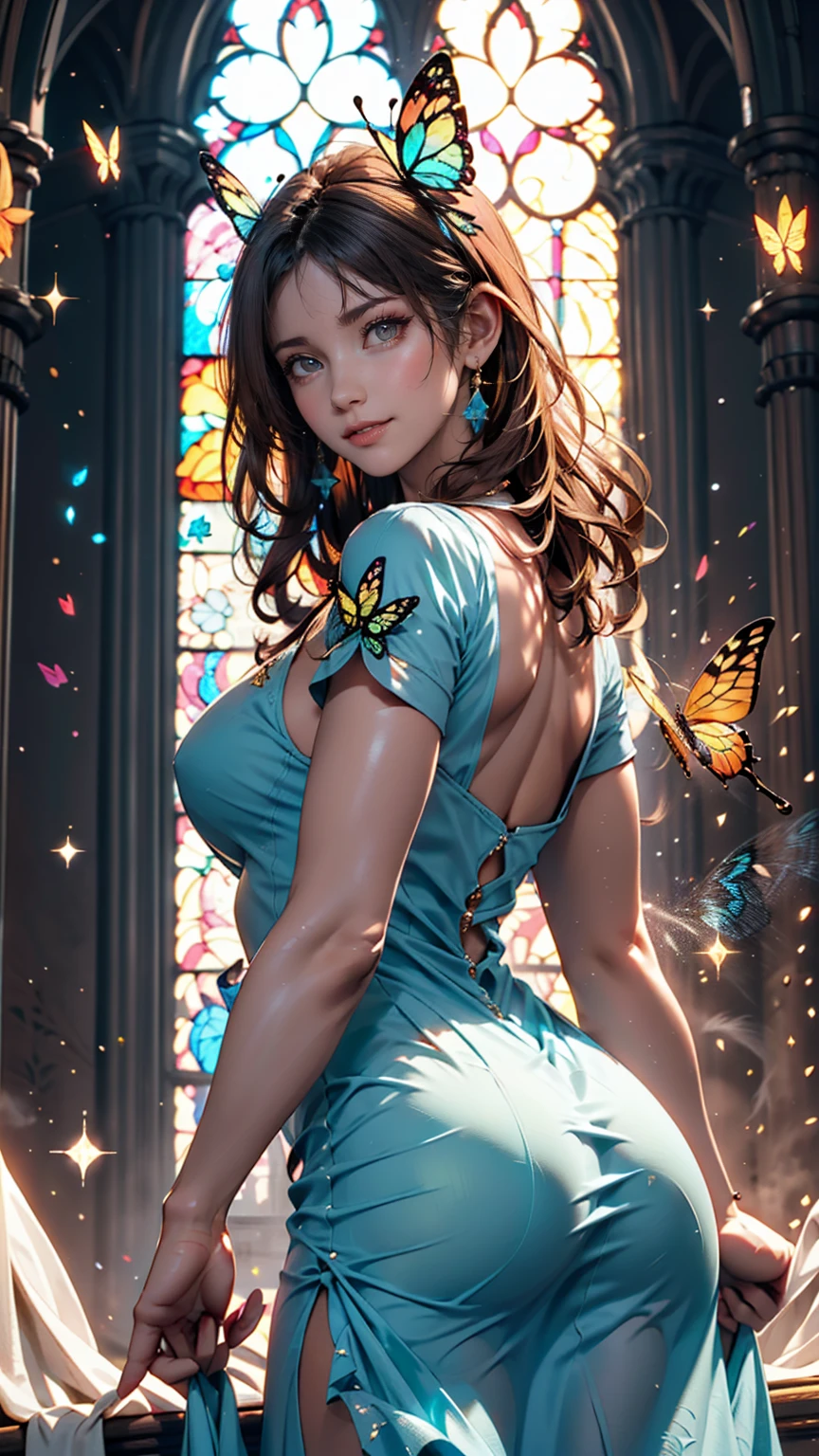  1 girl, masterpiece,  Extremely detailed, (( cinematic lighting)), (Shine), (( dramatic lighting)), (( Beautiful Detailed Sparkle )),  complex details,  Lens Flare, Multicolored Hair,  rainbow hair , Long Hair,  multi colored dress , Butterfly Hair Ornament,  butterfly , (Particles of light),  turn your hands around your back,  Big Breasts , [Curvy],  COWBOY SHOOTING ,  smiles lightly, Green Eyes, church,  Stained Glass,  Spotlight, Dark Background, Floating Hair, Floating Hair,  watching viewers ,(( colorful ))
