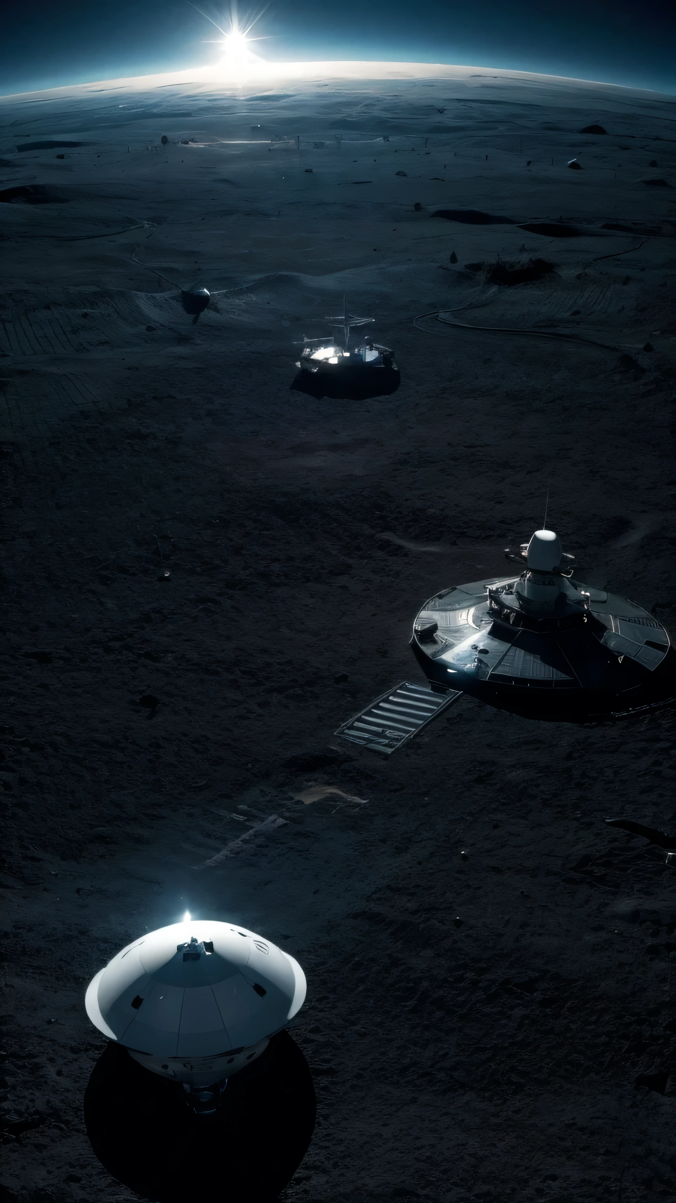 With high definition images， Mysterious Saucer UFO scene 、Detailed image of the lunar base 、Moon Base（Moon Base） The interceptor is transmitting and flying over the moon base。