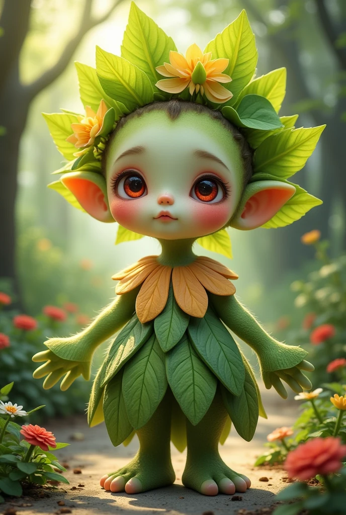  a charming humanoid plant creature，bloom，upright，The whole is green， a flower-like structure growing around the head， the head is decorated with leaf-like extensions，shaped like a headband， its lower part is a skirt-like structure.，It resembles a flower petal， the color ranges from light green to dark green， it has long and slender arms， the end is a leaf shape， instead of a hand， a pair of oval, crimson eyes that are full of expression， adds a charming vibe，Ultra high saturation，Bright colors，Bright， Light and Dark Contrast,  cinematic lighting , Film Grain,  Surrealism ,  Carl Larson , Contemporary Art,  Ultra HD, masterpiece, precise,  anatomically correct,  textured skin ,  superdetail,  height detail , Awards,  is of the best quality, 8K