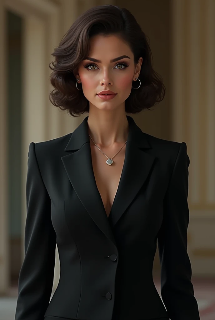 Miss，Princess of a European royal family，modern，#1: Short Curly Brunette Hair，Brown eyes，Serious，Princess Diana，Medium-sized，Suit skirt，plump
