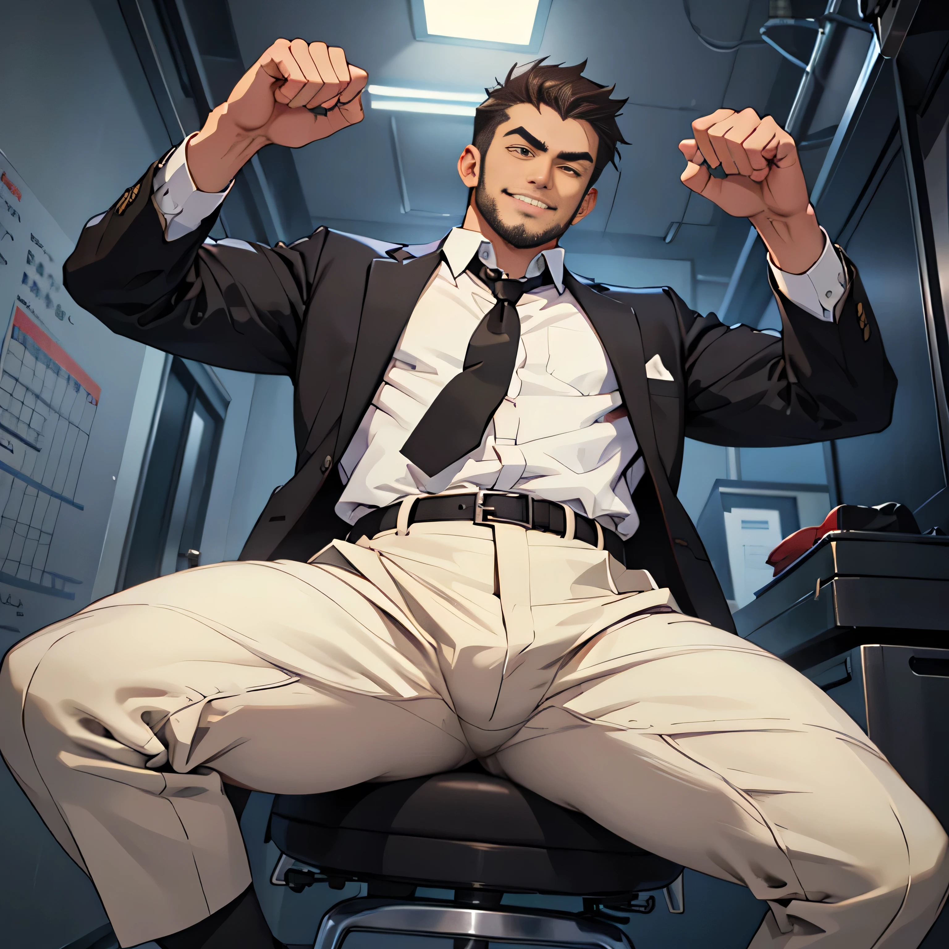 20 years old,,Simple white shirt、black tie,  black slim pants 、Cool fighting pose ,Spread your legs wider,black belt,Black socks,Black leather shoes,logic, Gay ,Brown Hair, Shorthair, thick eyebrows,Stubble, Lightly Set Your Hair with Wax ,,Masculine,salaryman,Mob characters,Bad Actor , The crotch part of the pants is bulging, Erotic 3D Finish , 　View from below　The villain's smile　 face up 　　