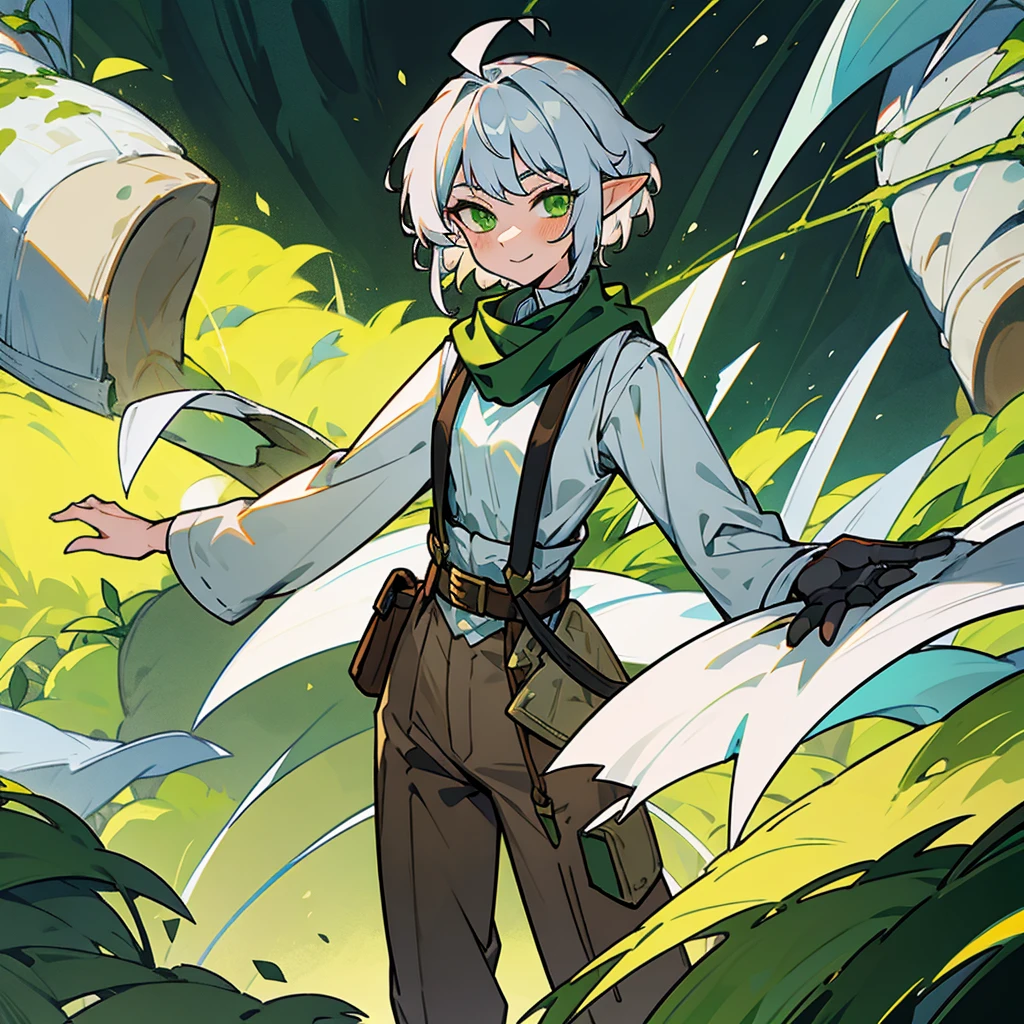 elf,  silver hair,short hair, medium cut, ahoge, curly hair, green eyes,slender, fair skin, cross-dressing, cool mild Smile, shirt, white far coat, brown pants, green scarf,  belt, suspender, waist bag, annoyance, fantasy, windmill