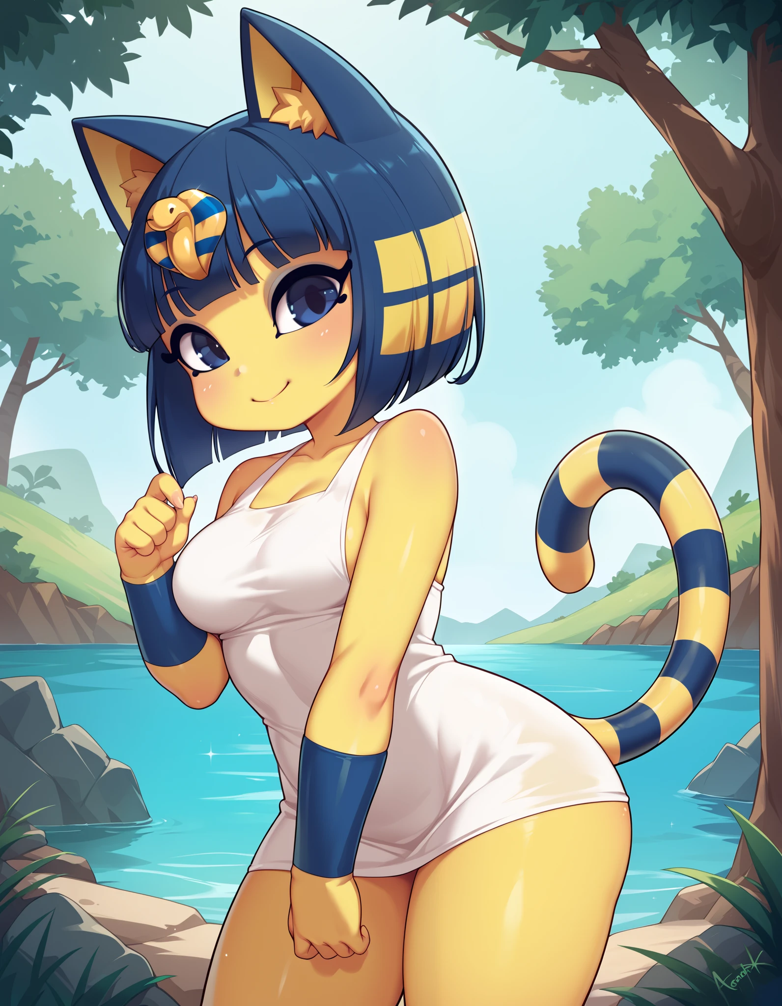 score_9, score_8_up, score_7_up, source_anime, rating_safe, best quality, masterpiece,  
BREAK
ankha (animal crossing), 1girl, ;3, animal ears, standing, looking at viewer, blue eyes, blue hair, cat ears, cat tail, closed mouth, colored skin, female focus, looking at viewer, outdoors, short hair, medium breasts, smile, solo, standing, tail, thighs, yellow skin, white dress, female focus, outdoors
