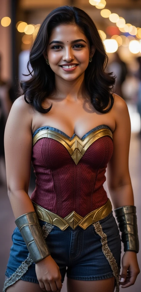 a beautiful indian woman with brown skin tone, wonder woman costume, huge cleavage, leaning forward, looking directly at viewer, intricate detailed facial features, (best quality,4k,8k,highres,masterpiece:1.2),ultra-detailed,(realistic,photorealistic,photo-realistic:1.37),HDR,UHD,studio lighting,ultra-fine painting,sharp focus,physically-based rendering,extreme detail description,professional,vivid colors,bokeh,digital painting,3D render,cinematic lighting,dramatic pose,heroic,powerful,strong,confident