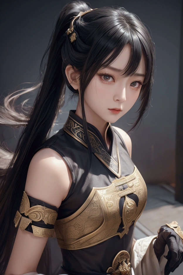 one young female, wearing chinese armor, pigtail hair, hair bangs, black hair, black eyes, dilated pupils, light makeup, determined expression, three kingdoms period, petite, delicate, beautiful, nime, cinematic lighting, upper body shot, UHD, retina, masterpiece, accurate, anatomically correct, textured skin, super detail, high details, high quality, award winning, best quality, high resolution