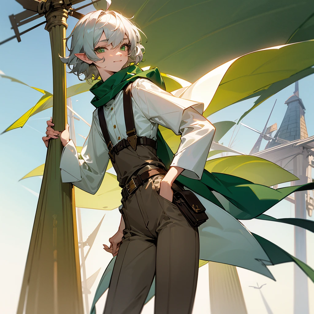 elf,  silver hair,short hair, medium cut, ahoge, curly hair, green eyes,slender, fair skin, cross-dressing, cool mild Smile, shirt, white far coat, brown pants, green scarf,  belt, suspender, waist bag, annoyance, fantasy, windmill