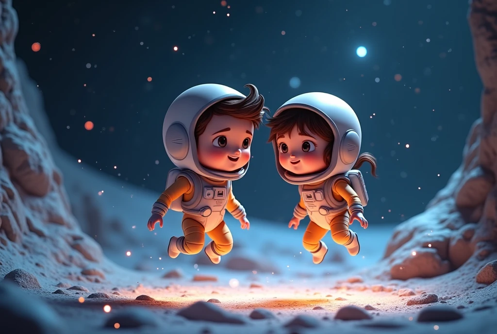 3D animation, theme is "Moon Base", a boy and a girl walking around the dome of the moon base wearing space suits and helmets, they both look like they're having fun, they're floating above the ground, tiny particles of light dance around them, the dark moon surface, the vast universe can be seen in the background, a humorous scene, a heartwarming scene, 8K quality