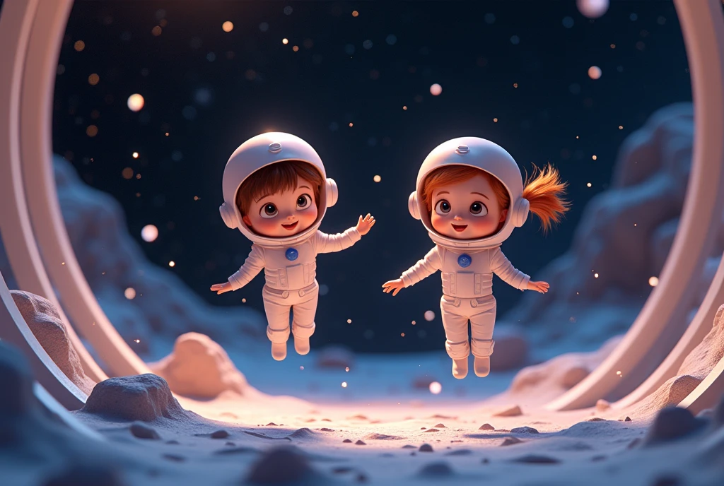 3D animation, theme is "Moon Base", a boy and a girl walking around the dome of the moon base wearing space suits and helmets, they both look like they're having fun, they're floating above the ground, tiny particles of light dance around them, the dark moon surface, the vast universe can be seen in the background, a humorous scene, a heartwarming scene, 8K quality