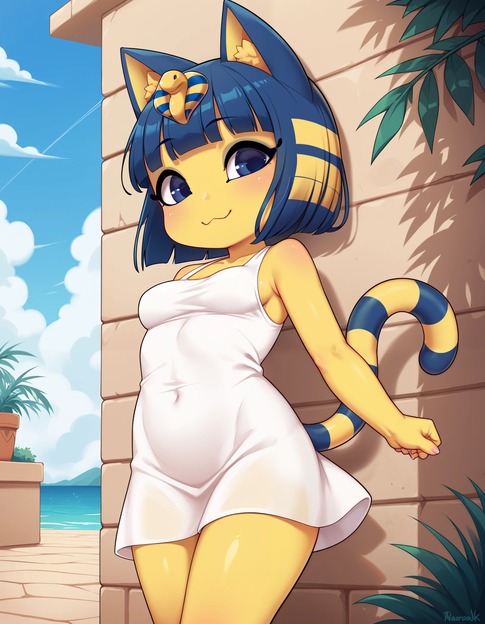 score_9, score_8_up, score_7_up, source_anime, rating_safe, best quality, masterpiece,  
BREAK
ankha (animal crossing), 1girl, ;3, animal ears, standing, looking at viewer, blue eyes, blue hair, cat ears, cat tail, closed mouth, colored skin, female focus, looking at viewer, outdoors, short hair, medium breasts, smile, solo, standing, tail, thighs, yellow skin, white dress, female focus, outdoors
