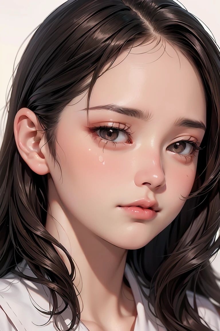 (Best quality, Masterpiece, photorealistic), close up of face, sad face, crying,

24-year-old woman, long wavy dark brown hair, bright and smooth skin with a natural blush,

white formal silk blouse,