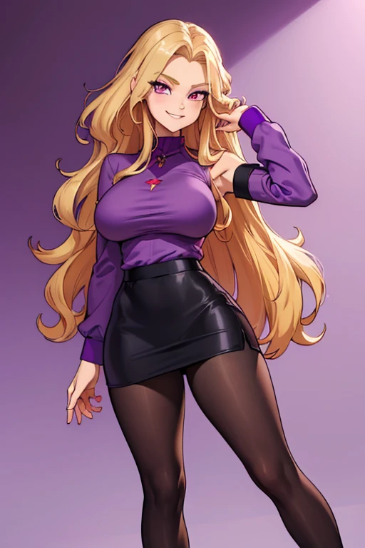 (solo) female ,blond ponytail hair, woman (big breasts:1.5), attractive, purple shirt, tight black skirt, lab coat,grey garter belt tights ,fit body, thicc, freckles, freckles on face, smug eyes, (happy expression), she is sitting at the table look to the viewer , violet background, simple background, thick thighs  (front view) high heels (purple panties)