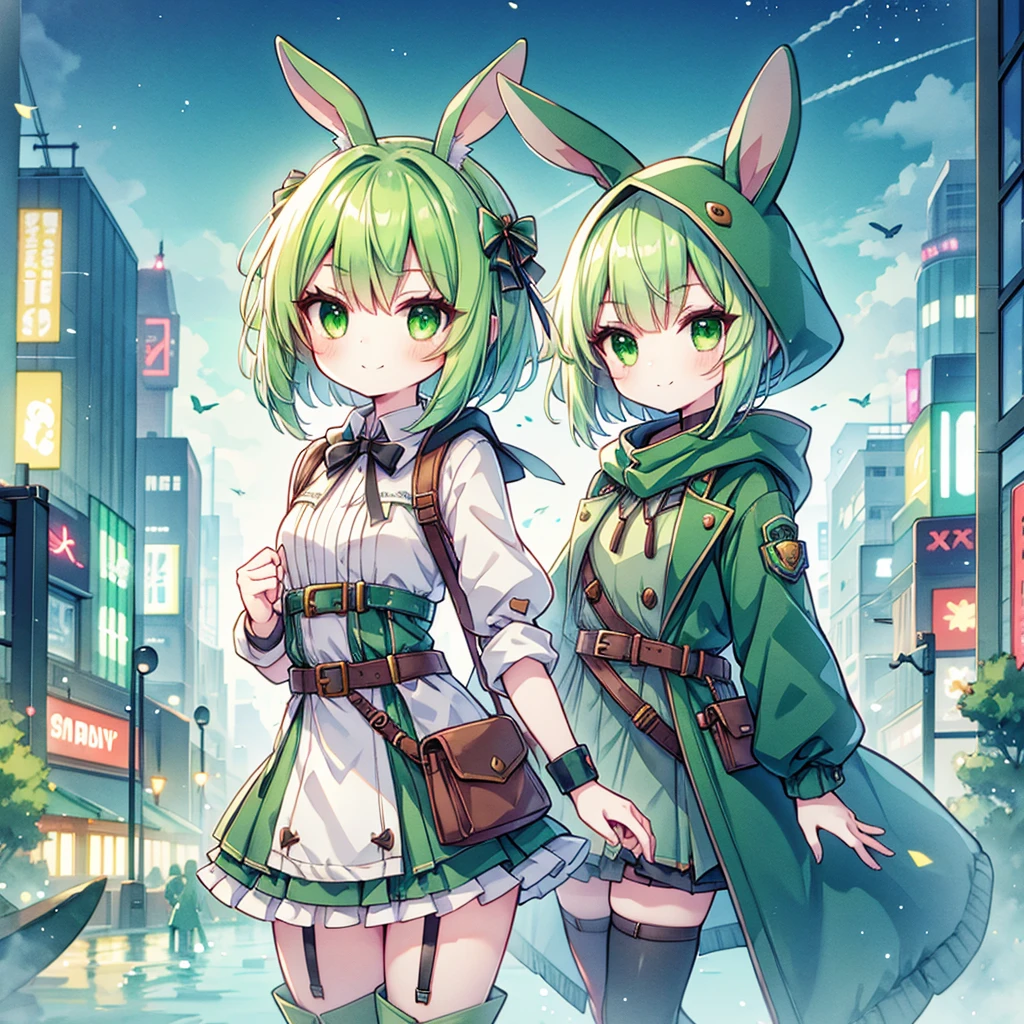 (long Green rabbit ears), green animal ears, (1 girl), green hair, green eyes, bob cut, thin eyebrows, smiling, young, alone, ****ta, hood, , short, overall, coat, long boots, red hood, wide pants, harness, fingerless globe, belt, waist pouch, in the city, tiny, baby face, pastel academia, cel anime, Solo