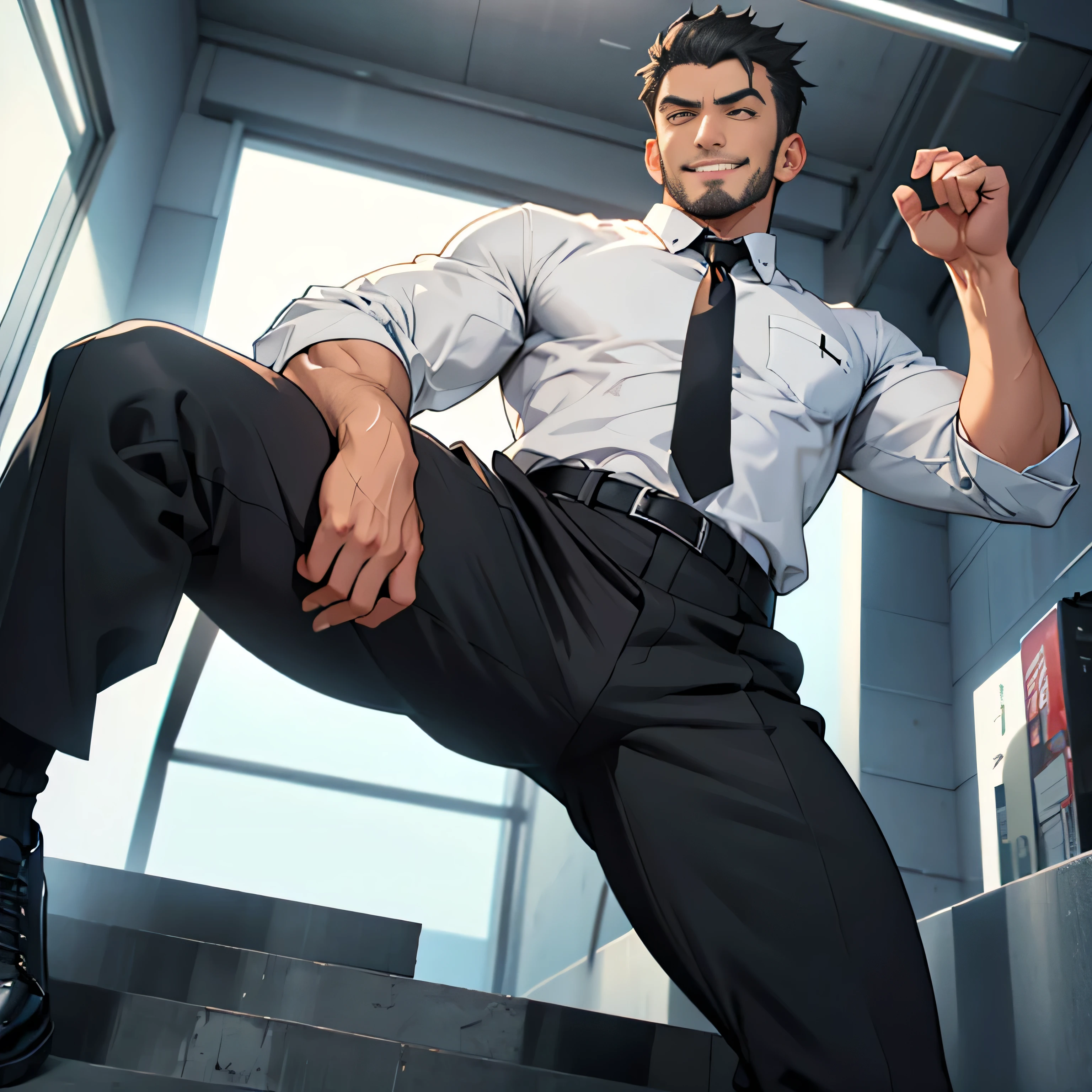 20 years old,,Simple white shirt、black tie,  black slim pants 、Cool fighting pose ,Spread your legs wider,black belt,Black socks,Black leather shoes,logic, Gay , black hair, Shorthair, thick eyebrows,Stubble, Lightly Set Your Hair with Wax ,,Masculine,salaryman,Mob characters,Bad Actor , The crotch part of the pants is bulging, Erotic 3D Finish , 　View from below　The villain's smile　 face up 　　