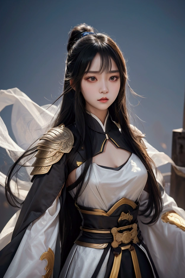 one young female, wearing chinese armor, long straight hair, hair bangs, black hair, black eyes, dilated pupils, light makeup, determined expression, three kingdoms period, petite, delicate, beautiful, nime, cinematic lighting, upper body shot, UHD, retina, masterpiece, accurate, anatomically correct, textured skin, super detail, high details, high quality, award winning, best quality, high resolution