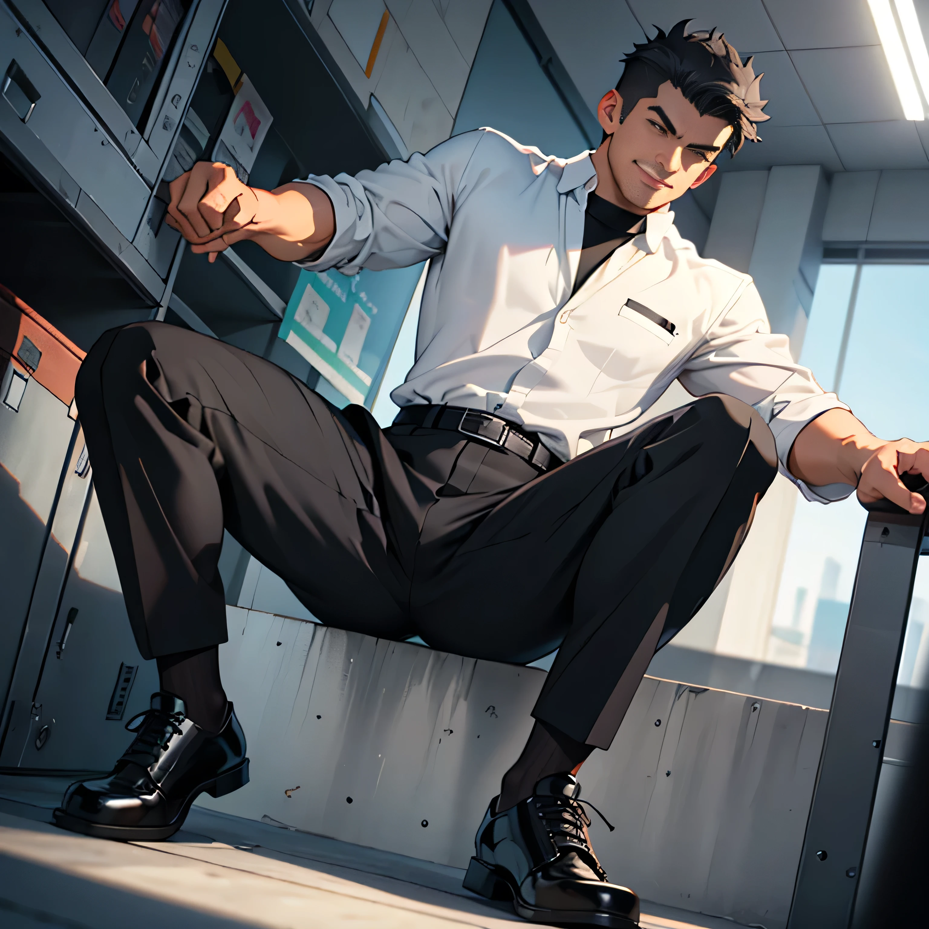 20 years old,,Simple white shirt、black tie,  black slim pants 、Cool fighting pose ,Spread your legs wider,black belt,Black socks,Black leather shoes,logic, Gay , black hair, Shorthair, thick eyebrows,Stubble, Lightly Set Your Hair with Wax ,,Masculine,salaryman,Mob characters,Bad Actor , The crotch part of the pants is bulging, Erotic 3D Finish , 　View from below　The villain's smile　 face up 　　