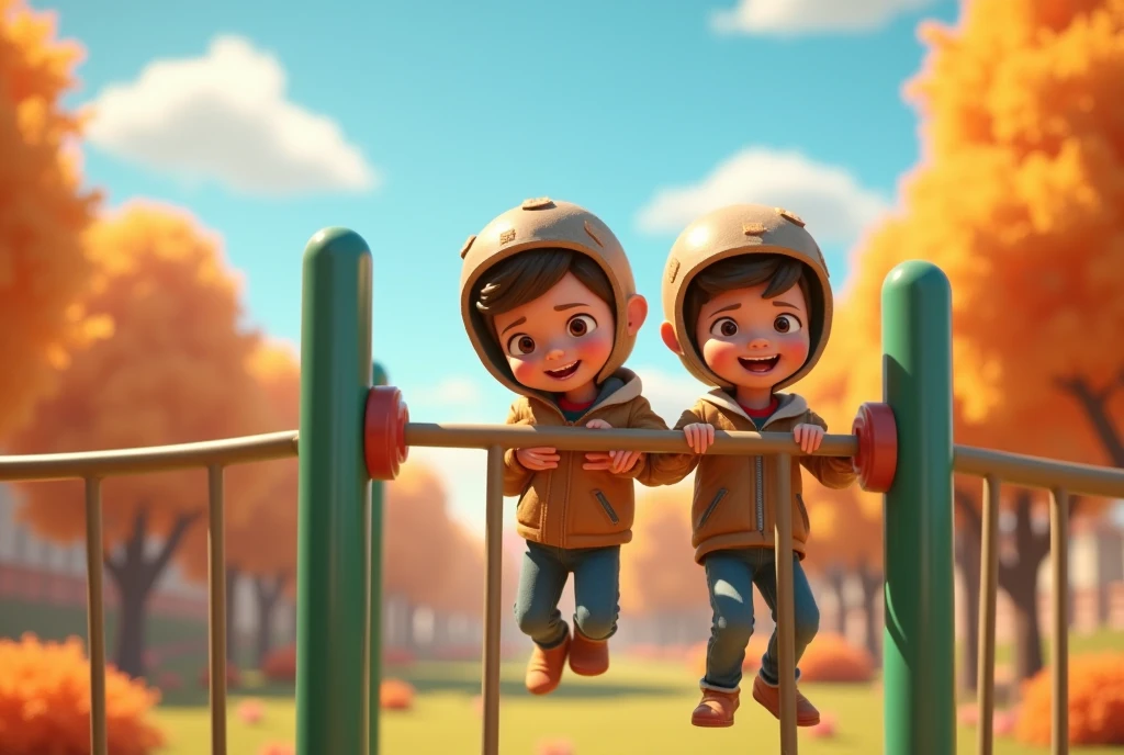 3D animation, theme is "Moon Base", mischievous boys are playing on the jungle gym in the park, they are wearing homemade funny helmets on their heads and playing moon base, ren's park on a sunny autumn day, comical scene, heartwarming scene, 8K quality