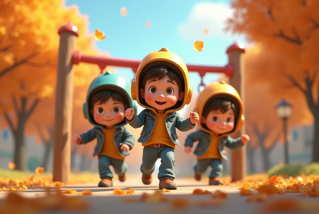 3D animation, theme is "Moon Base", mischievous boys are playing on the jungle gym in the park, they are wearing homemade funny helmets on their heads and playing moon base, ren's park on a sunny autumn day, comical scene, heartwarming scene, 8K quality