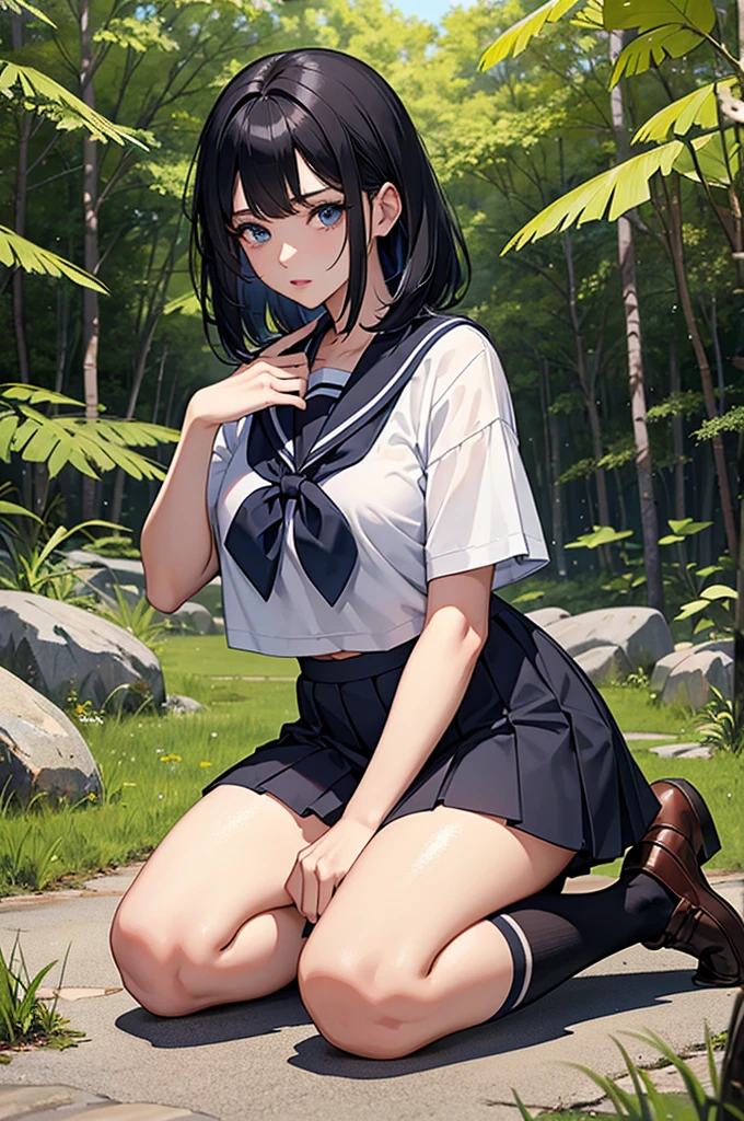 garden,On the grass,Uniformed,High School Uniform,Disheveled clothes,Your clothes are in disarray,Sit on the grass,Leg spread,Spreading legs,Flipping up a skirt,Showing her panties,Lifting up her skirt,Looking forward,Normal milk,Normal boobs,Black Hair,Short Hair,Blue Eyes,Very embarrassed,Hold your mouth with your hand,Embarrassed face,Shy with open mouth,blush,Very embarrassed,Look Away,naked,Front viewStanding,Not looking at me,Looking away,Turn away,Thick thighs,Angle from below,Watch her from below